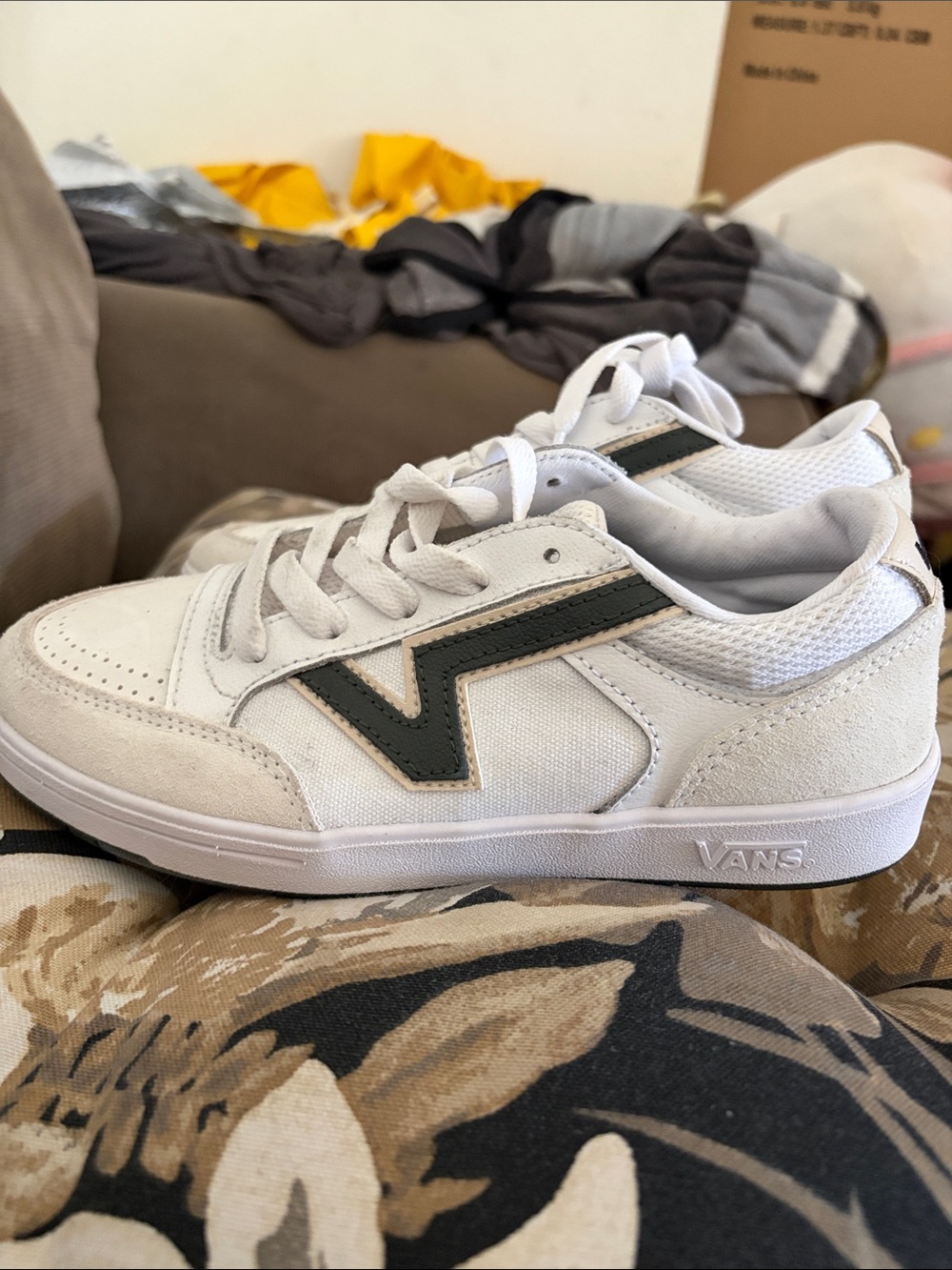 Vans Kids White Sneakers with Dark Green Chevron Accent